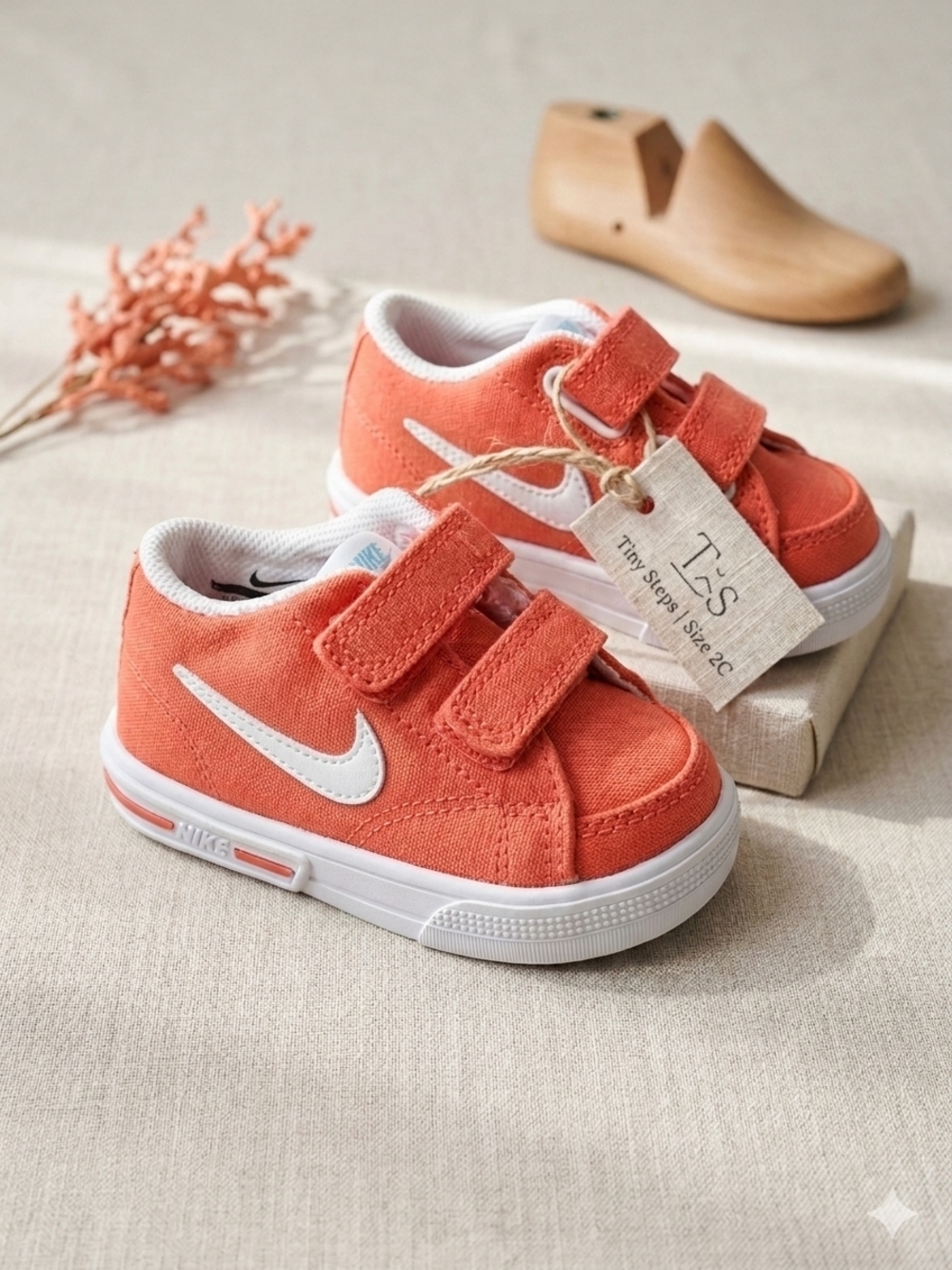 Nike Kids Coral Canvas Velcro Sneakers with White Swoosh